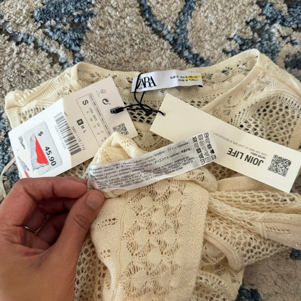 NWT Zara Womens Cream Cold Shoulder Pointelle Open Knit Cropped Top Boho S